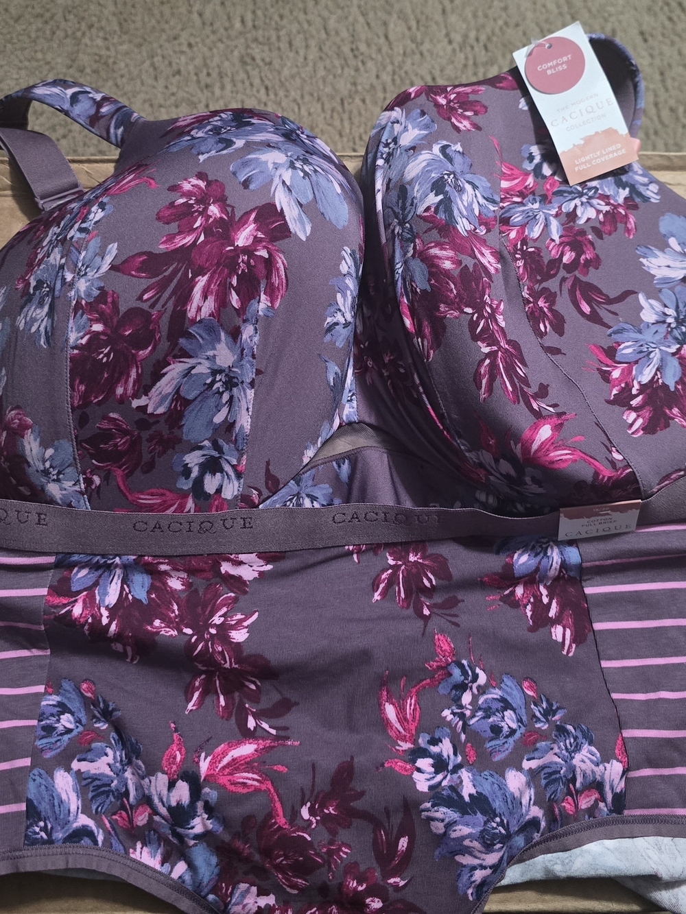 Cacique Plum Floral Underwire Bra and Brief Set Comfort Bliss 44DDD Briefs 18/20